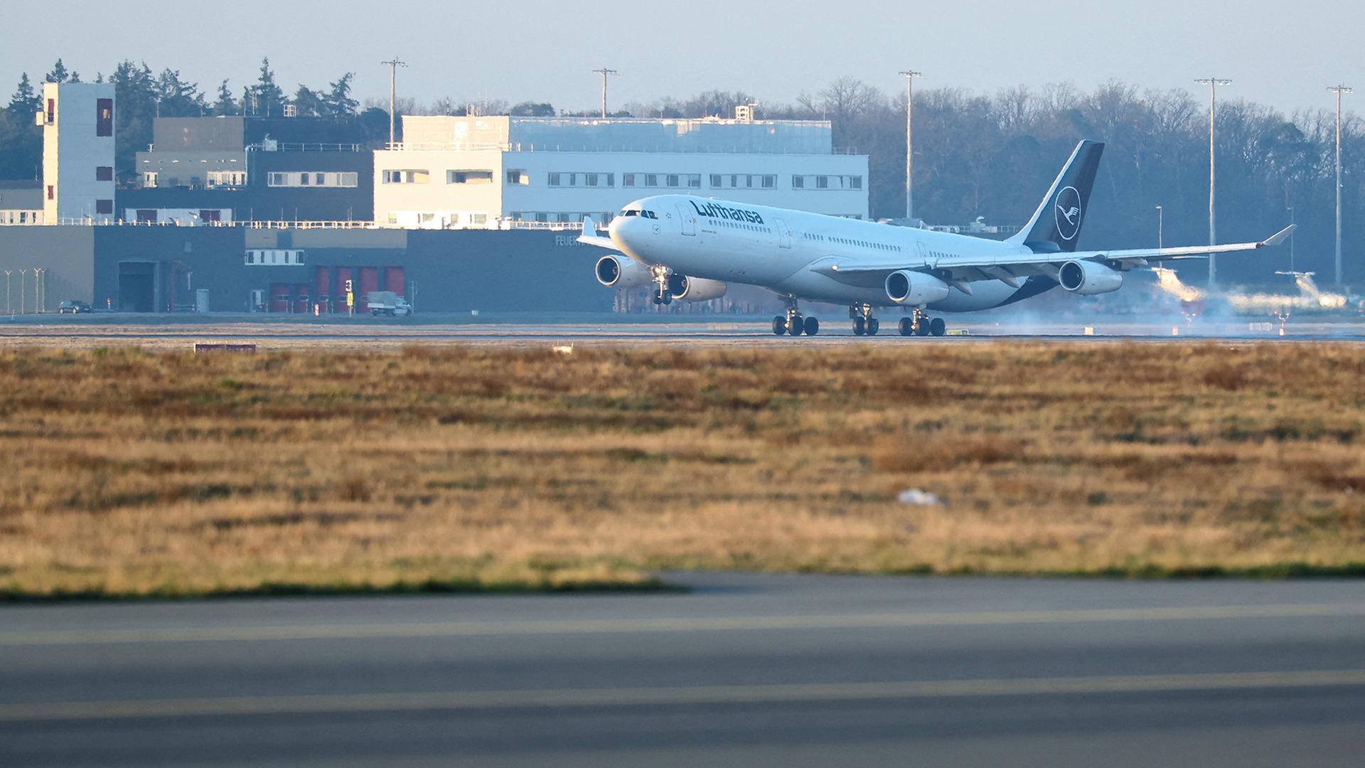 Ein Flugzeug der Lufthansa landet am Flughafen Frankfurt. | REUTERS