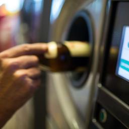 Eine Person gibt eine Flasche in einen Pfandautomaten.