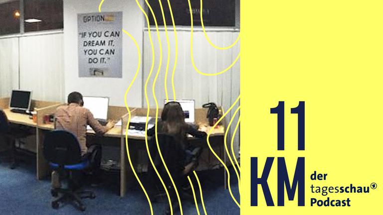 Ein Mann und eine Frau sitzen vor Computerbildschirmen und das Logo von "11km"