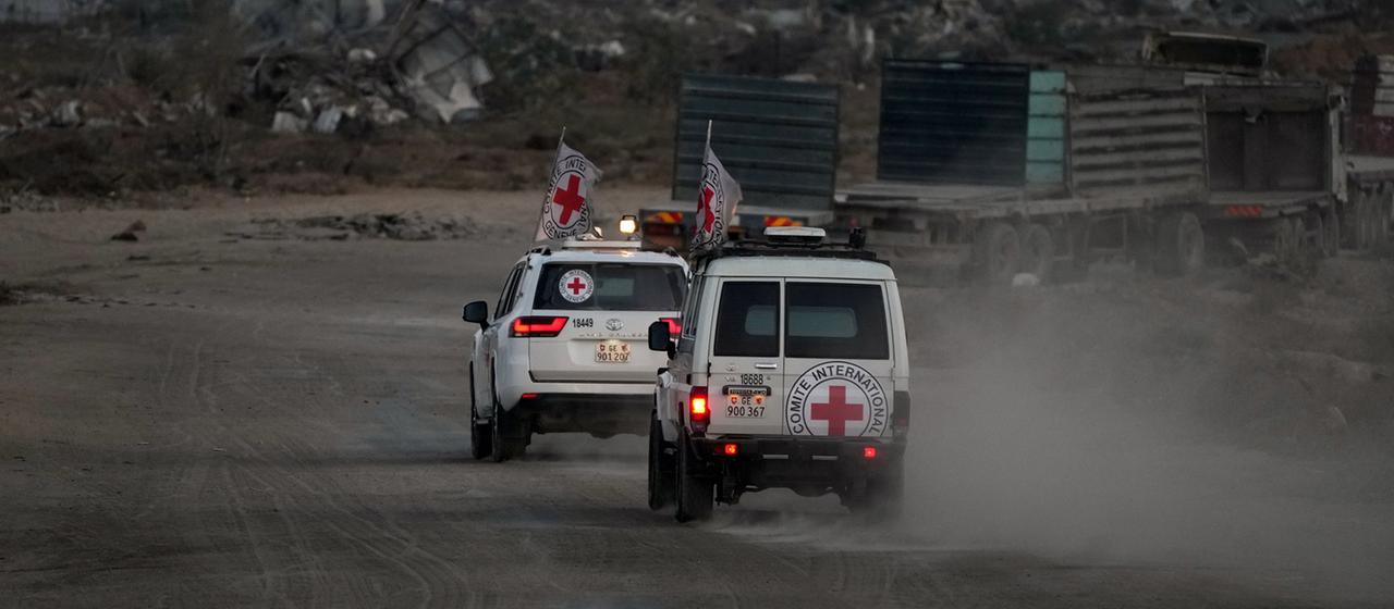 Fahrzeuge des Roten Kreuzes, transportieren die Leichen von zwei vermutlichen Geiseln raus dem Gazastreifen. | AP Fahrzeuge des Roten Kreuzes, transportieren die Leichen von zwei vermutlichen Geiseln raus dem Gazastreifen.