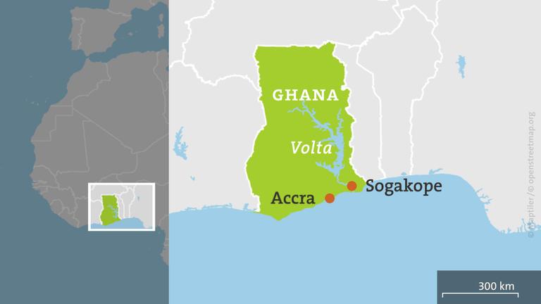 Karte: Ghana mit Sogakope und dem Fluss Volta