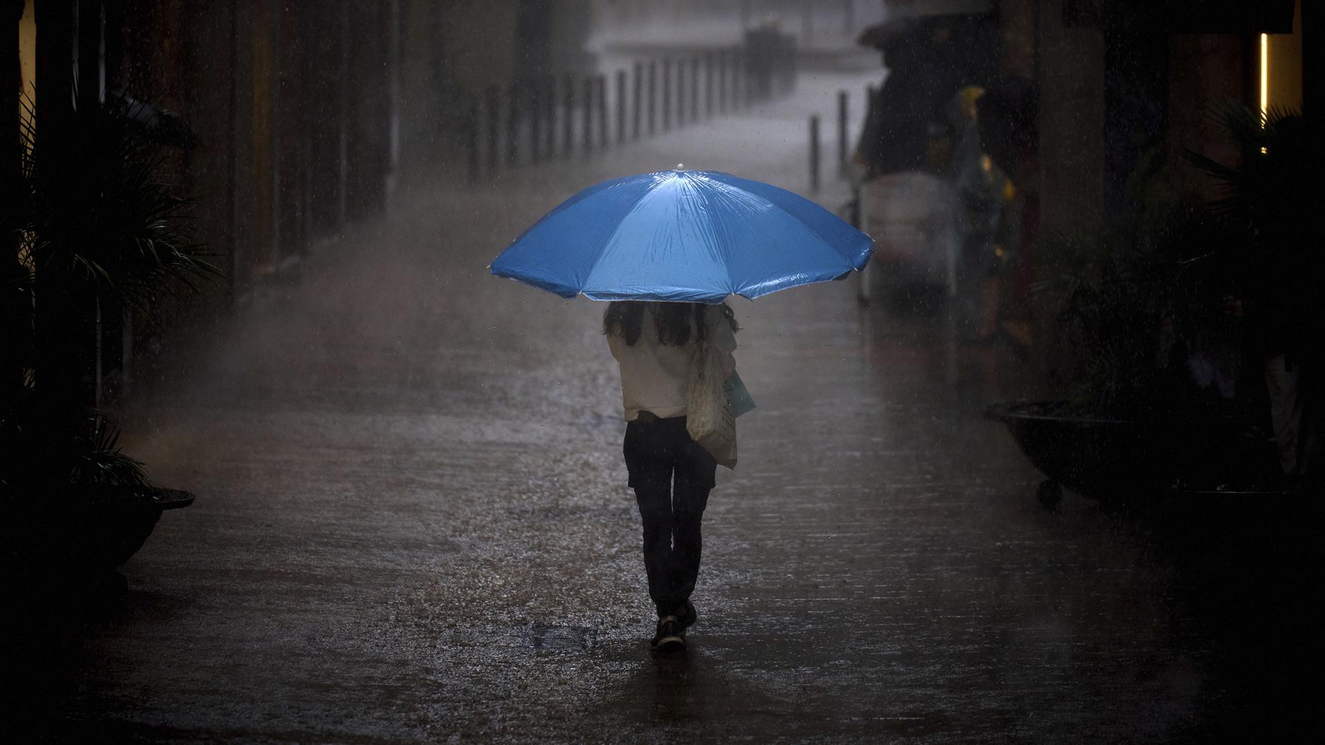 Eine Frau spaziert mit einem Regenschirm durch den Regen. | dpa