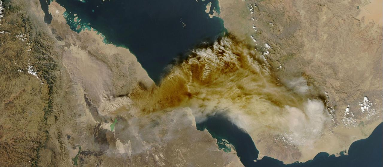 Satellitenbild der Aschewolke, die aus dem Vulkans Hayli Gubbi aufsteigt.