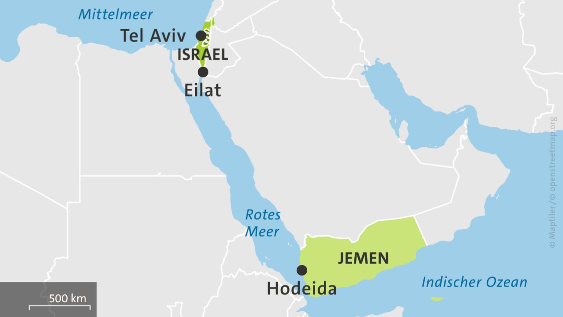 Karte Jemen mit der Hafenstadt Hodeida, Rotes Meer, Israel mit den Städten Tel Aviv, Eilat und dem Mittelmeer | ARD-Aktuell