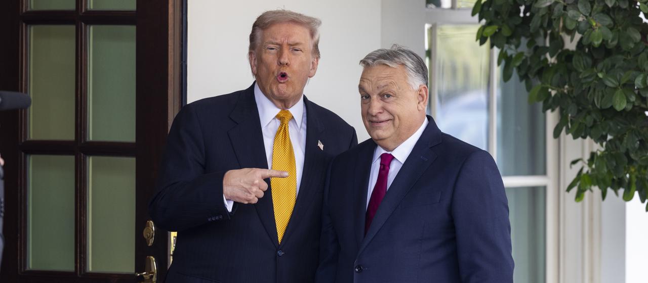 Donald Trump und Viktor Orban posieren vor dem Eingang des Weißen Hauses.