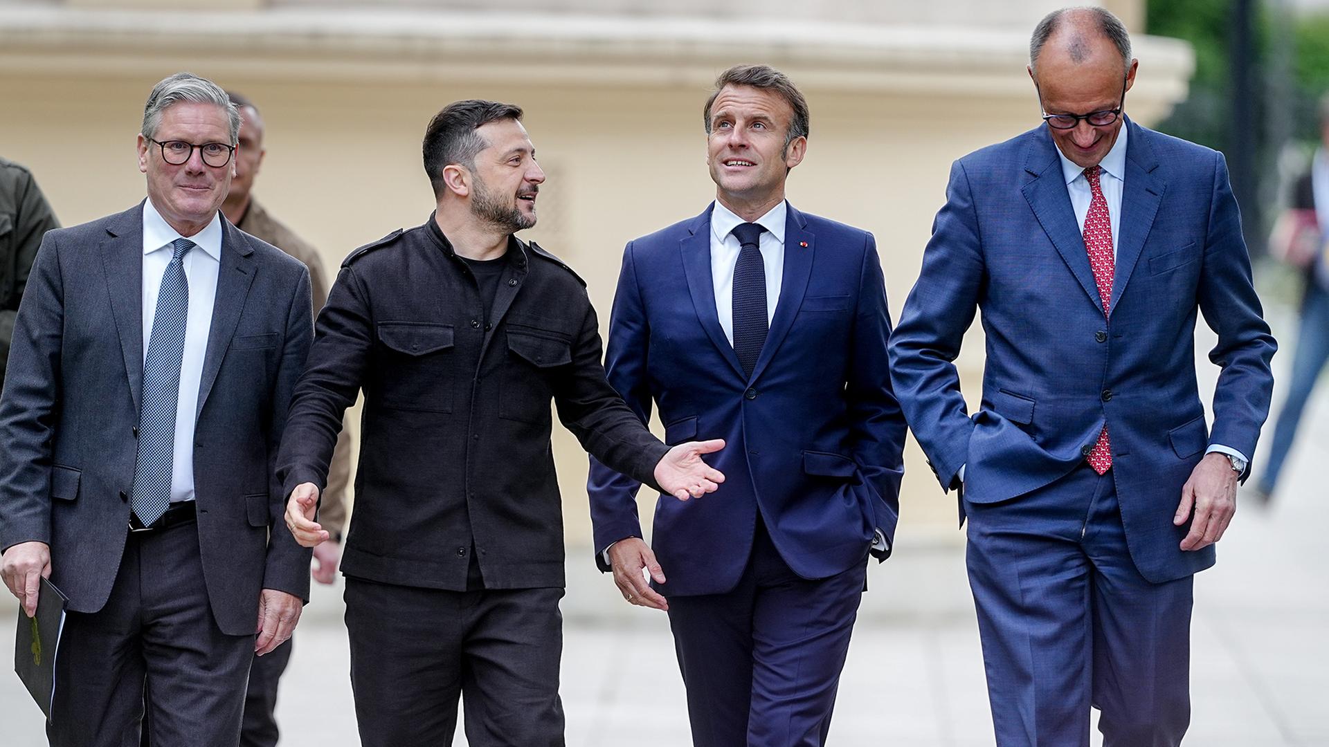 Keir Starmer, Wolodymyr Selenskyj, Emmanuel Macron und Friedrich Merz (Archivbild: 10.05.2025) | dpa
