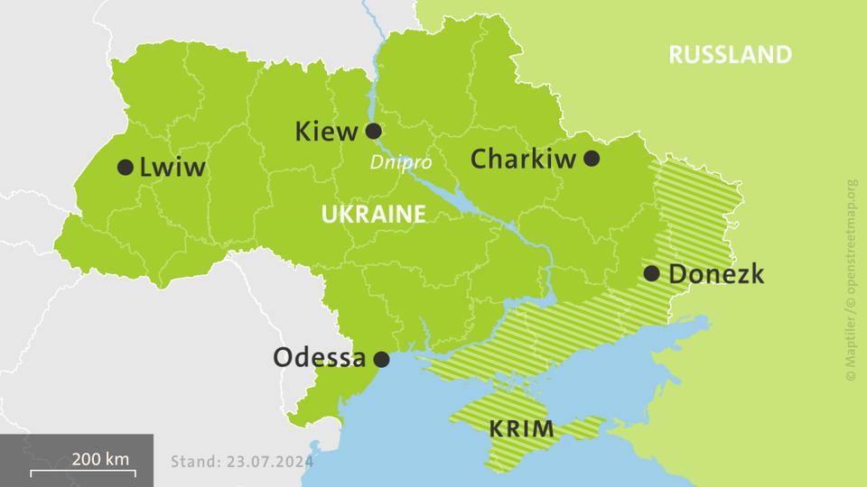 Karte der Ukraine, schraffiert: von Russland besetzte Gebiete