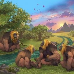 Künstlerische Darstellung einer Gruppe von "Gigantopithecus blacki" in einem Wald. 