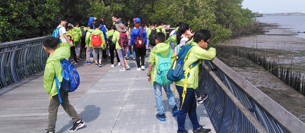 Eine Gruppe von Schulkindern auf einem Holzsteg entlang der Küste im Feuchtgebietsreservat Sungei Buloh in Singapur.