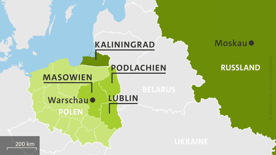 Karte: Russland und Polen mit den Woiwodschaften Podlachien, Masowien und Lublin | ARD-aktuell Karte: Russland und Polen mit den Woiwodschaften Podlachien, Masowien und Lublin