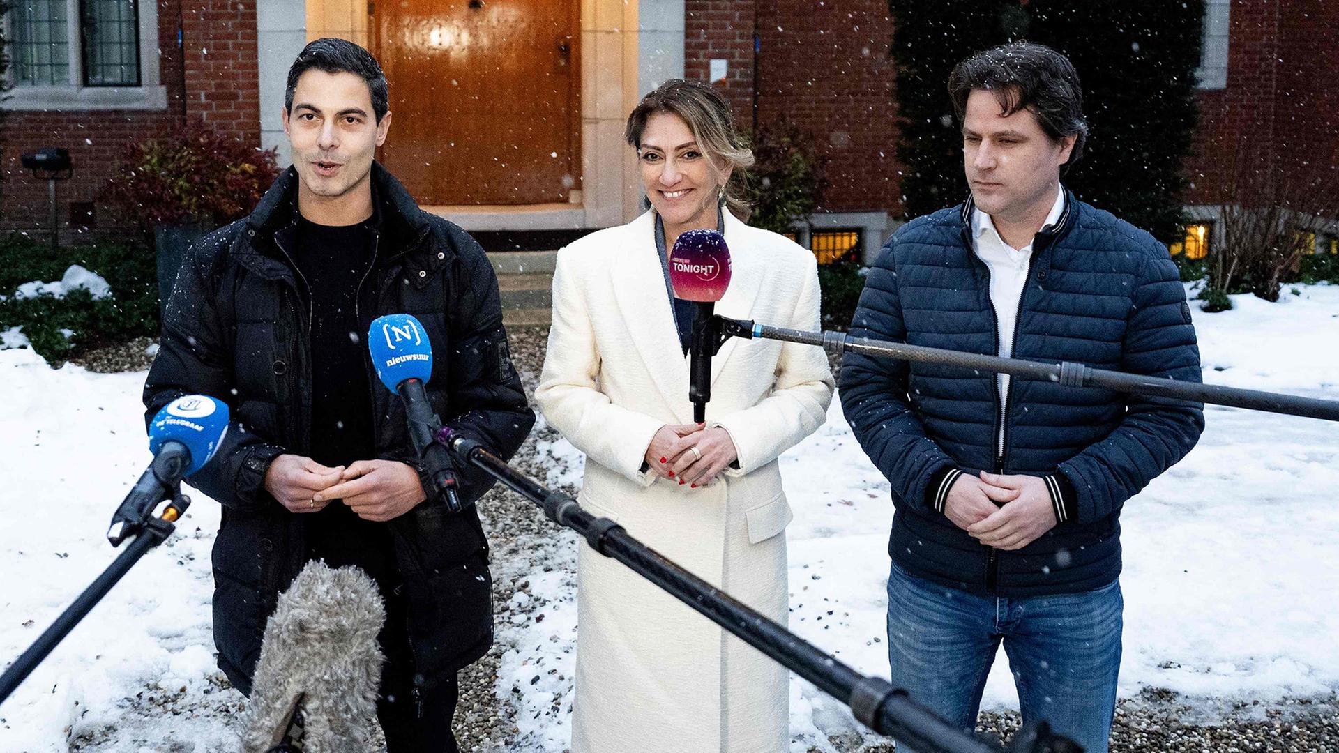 Rob Jetten, Dilan Yesilgoz und Henri Bontenbal sprechen zu Journalisten | AFP