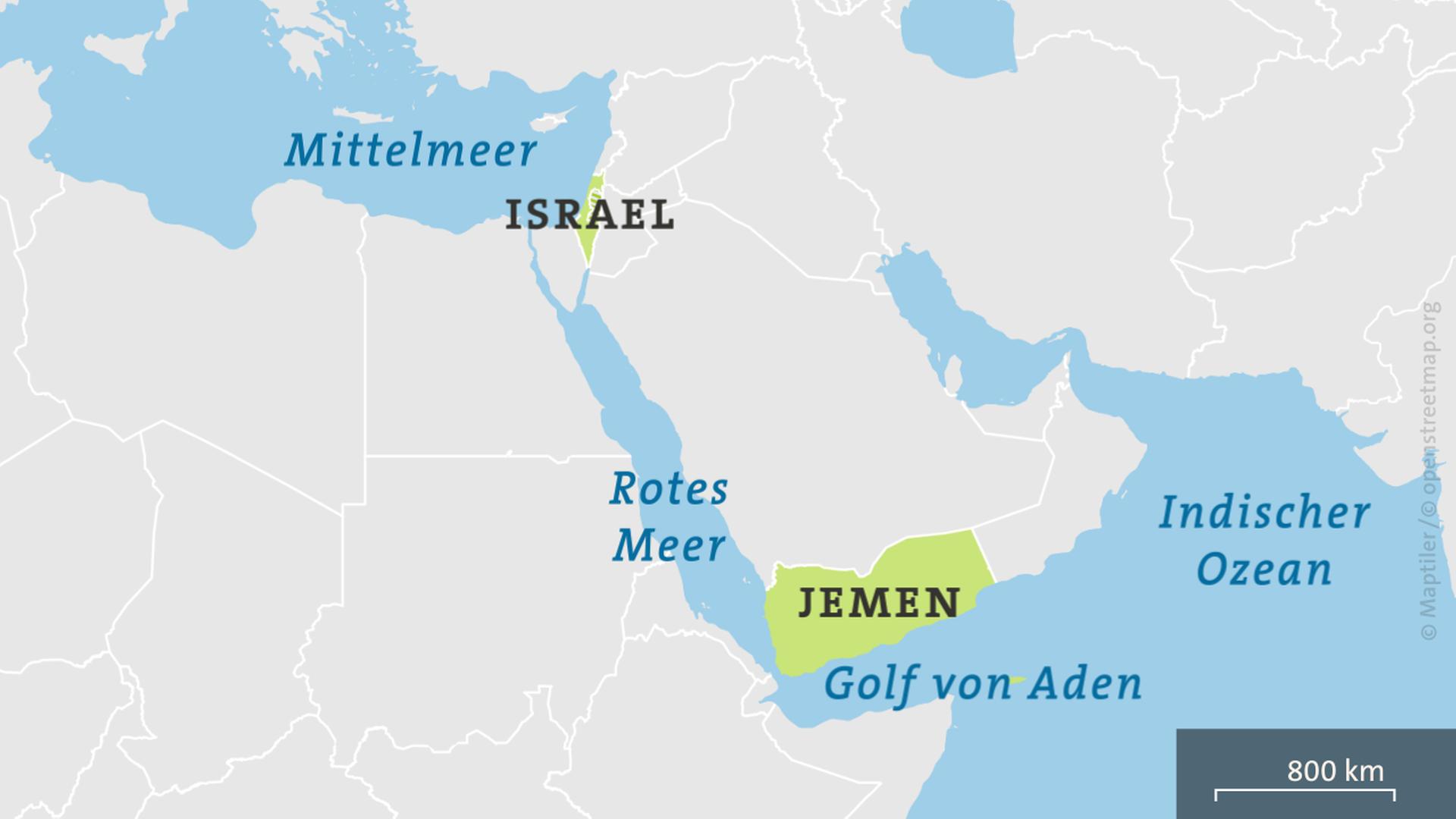 Karte Jemen mit Golf von Aden, Rotes Meer, Israel und dem Mittelmeer | ARD-Aktuell