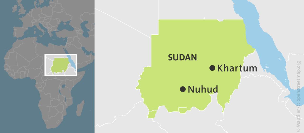 Karte Sudan mit den Orten Khartum und Nuhud