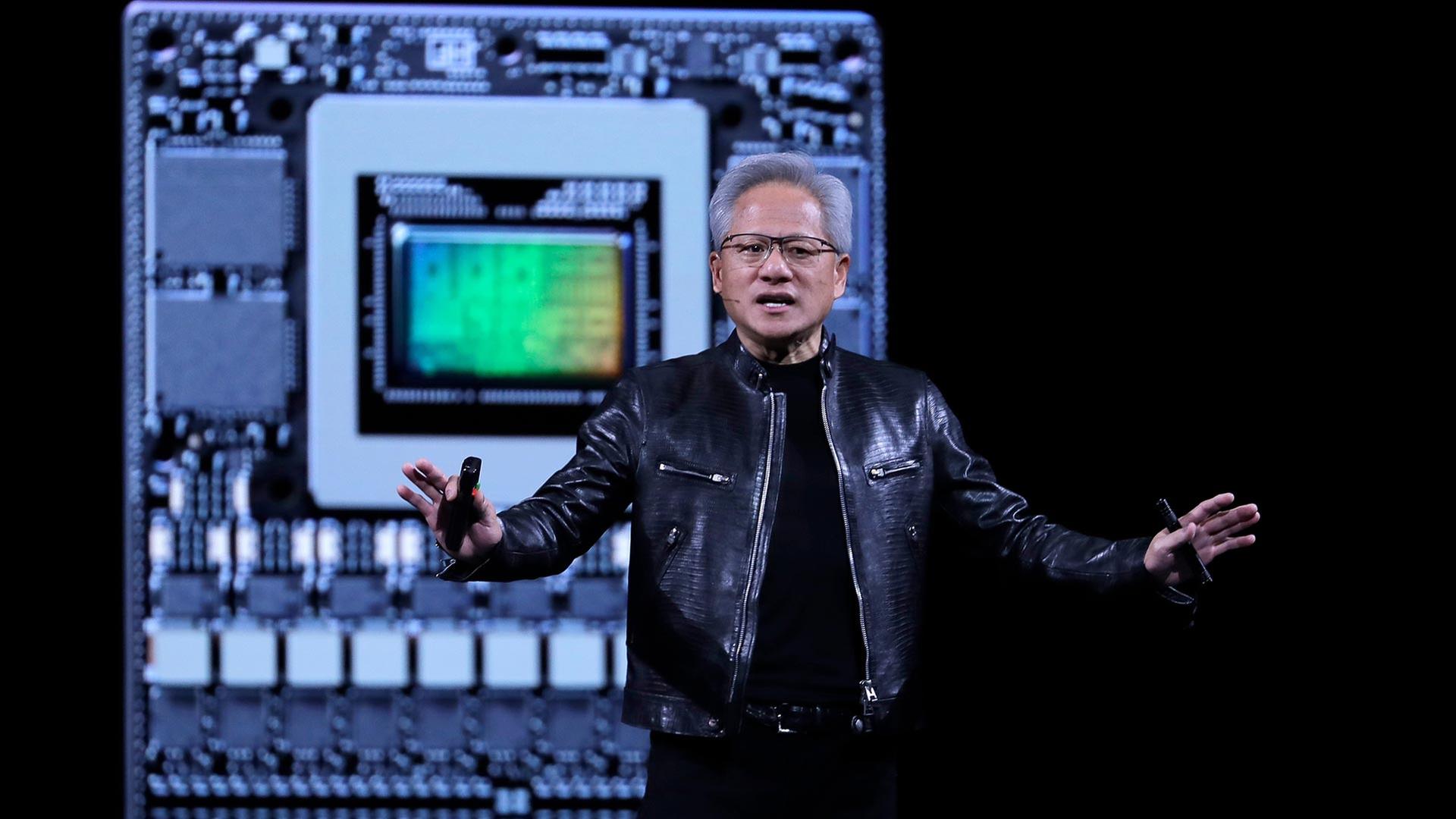 Jensen Huang, Nvidia-CEO, bei einer Präsentation während der Computex 2026. | picture alliance/dpa/AP