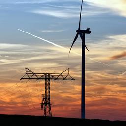 Symbolbild: Windrad eines Windparks und Hochspannungsmast einer Stromtrasse nahe Zehdenick im Licht der untergehenden Sonne. (Quelle: dpa/Heinrich)