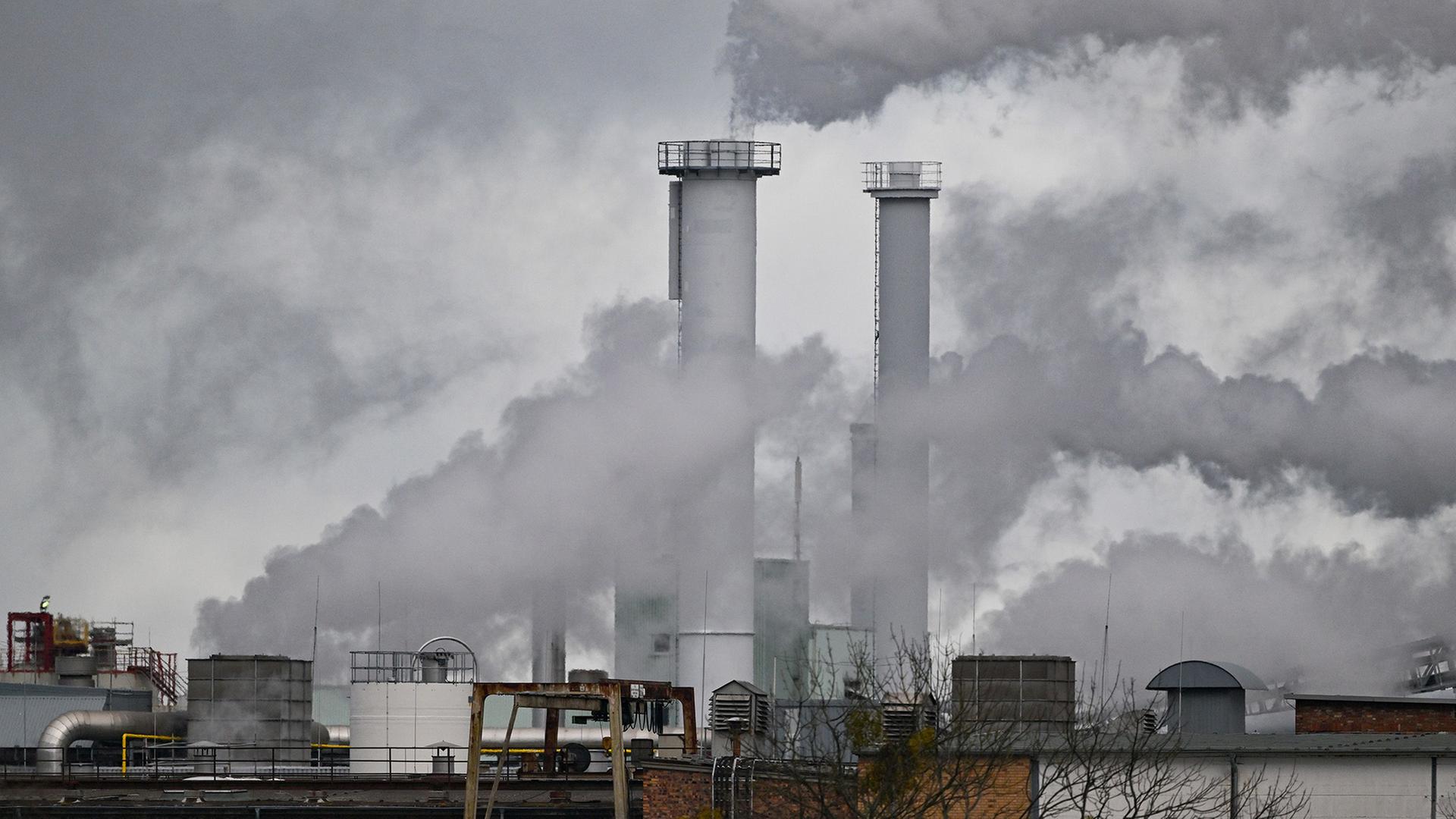 Rauchende Schlote einer Fabrik | Patrick Pleul/dpa