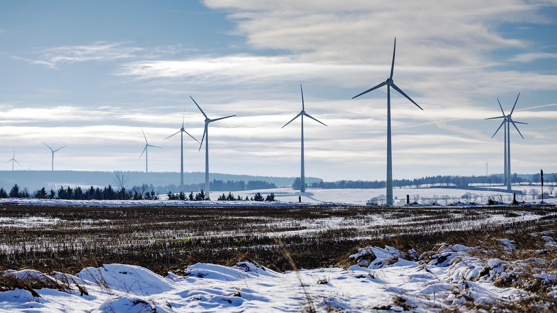 Windkraftanlagen stehen auf einem mit Schnee bedecktem Feld in Hellenthal | dpa