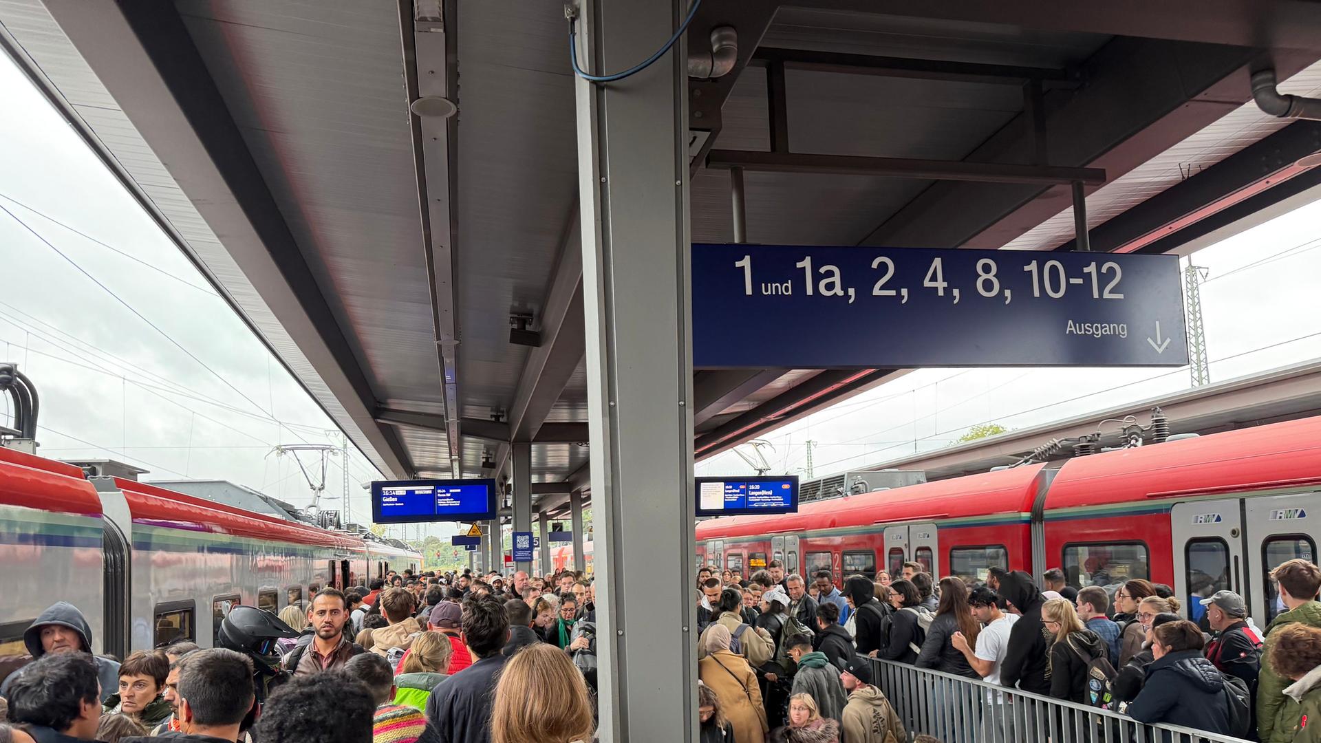 Zahlreiche Menschen auf einem Bahnsteig in Friedberg, zwei stehende Regiobahnen. | Daniel Murmann/hr