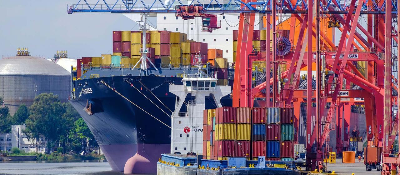 Containerschiff im Hafen von Buenos Aires, Argentinien.