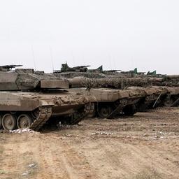 Kampfpanzer vom Typ "Leopard 2A6" stehen auf einem polnischen Übungsplatz nebeneinander. (November 2015)