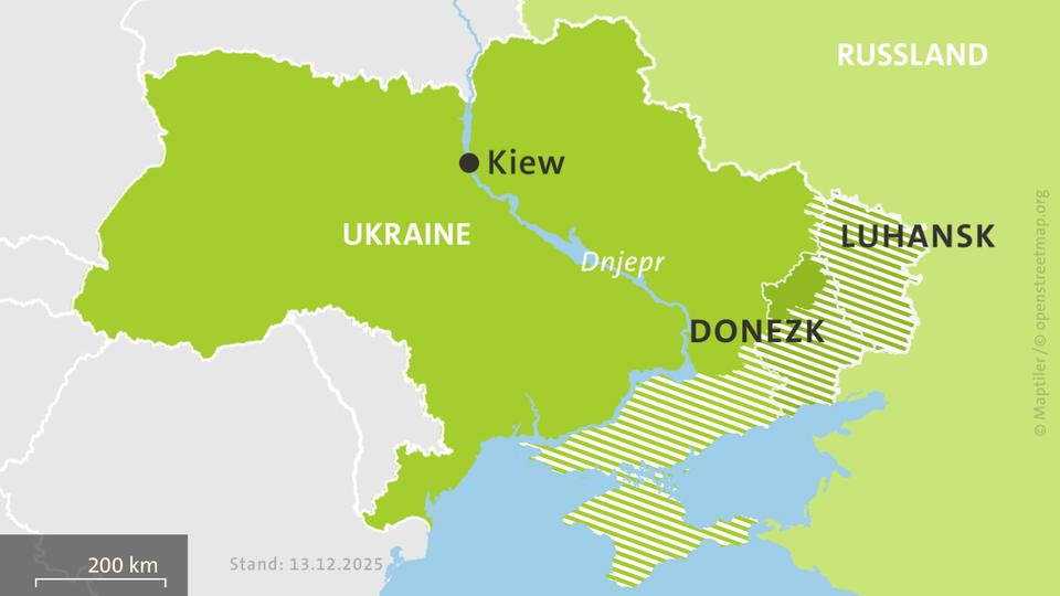 Karte der Ukraine und Russlands, hell schraffiert: von Russland besetzte Gebiete