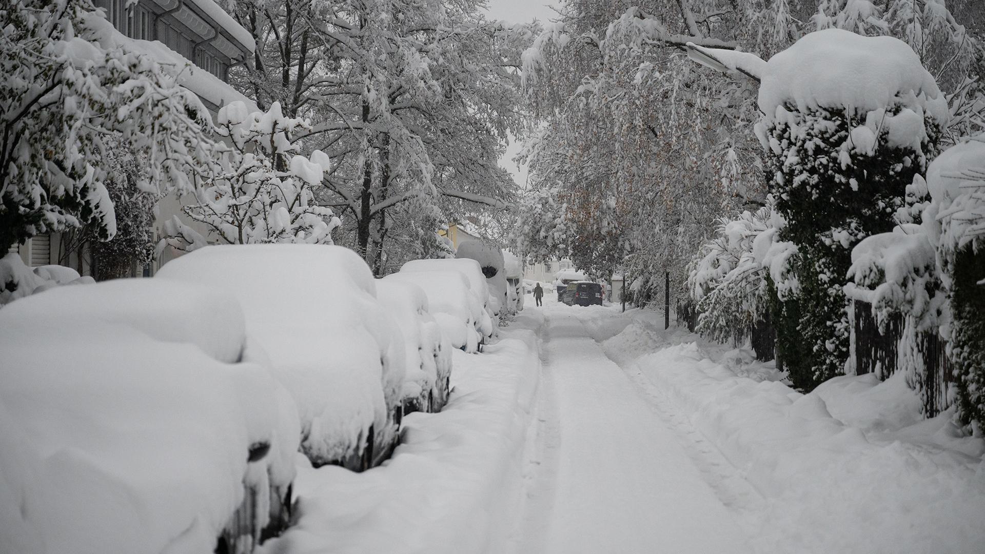 Hohe Schneemassen liegen auf Autos und einer Straße. | picture alliance/dpa
