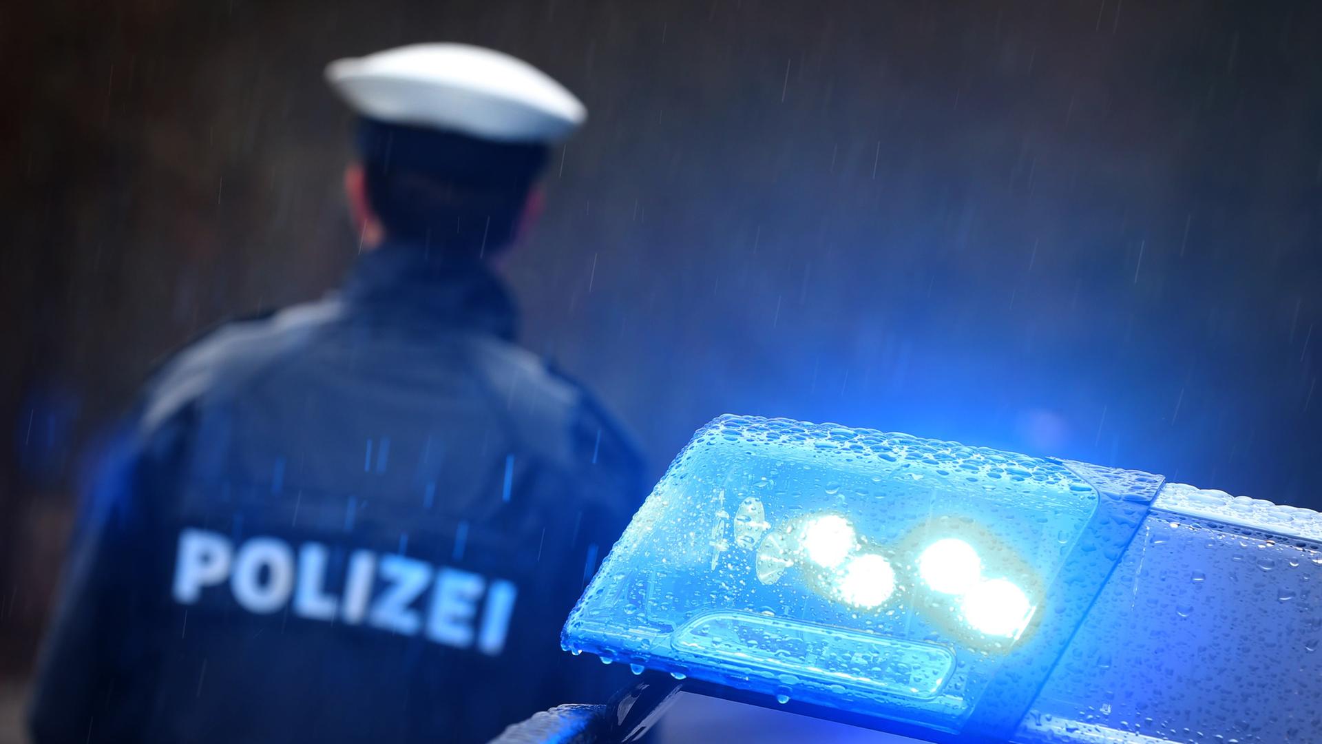 Polizist von hinten neben einem Streifenwagen, dessen Blaulicht leuchtet. | picture-alliance/dpa