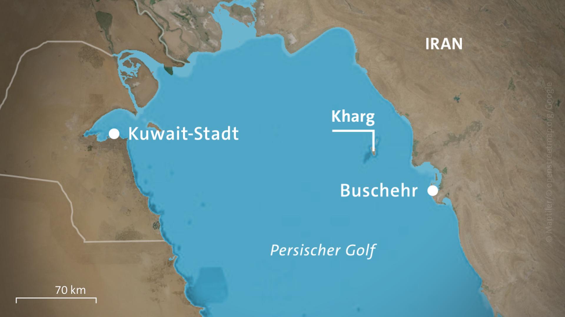 Karte der iranischen Insel Kharg im persischen Golf. | ARD aktuell