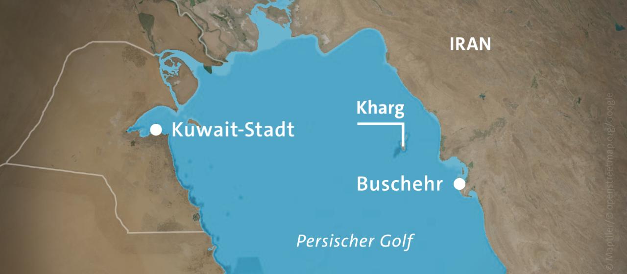 Karte der iranischen Insel Kharg im persischen Golf.
