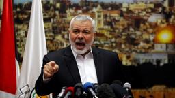 Ismail Hanija bei einer Rede vor einem Plakat von Jerusalem