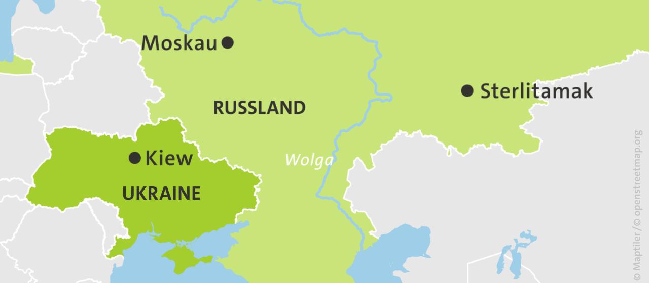 Karte mit Russland, der Stadt Sterlitamak und der Ukraine