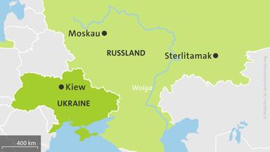 Karte mit Russland, der Stadt Sterlitamak und der Ukraine