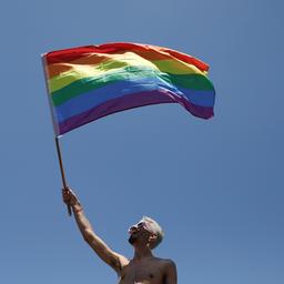 Eine Person hält eine Regenbogenfahne in die Luft.