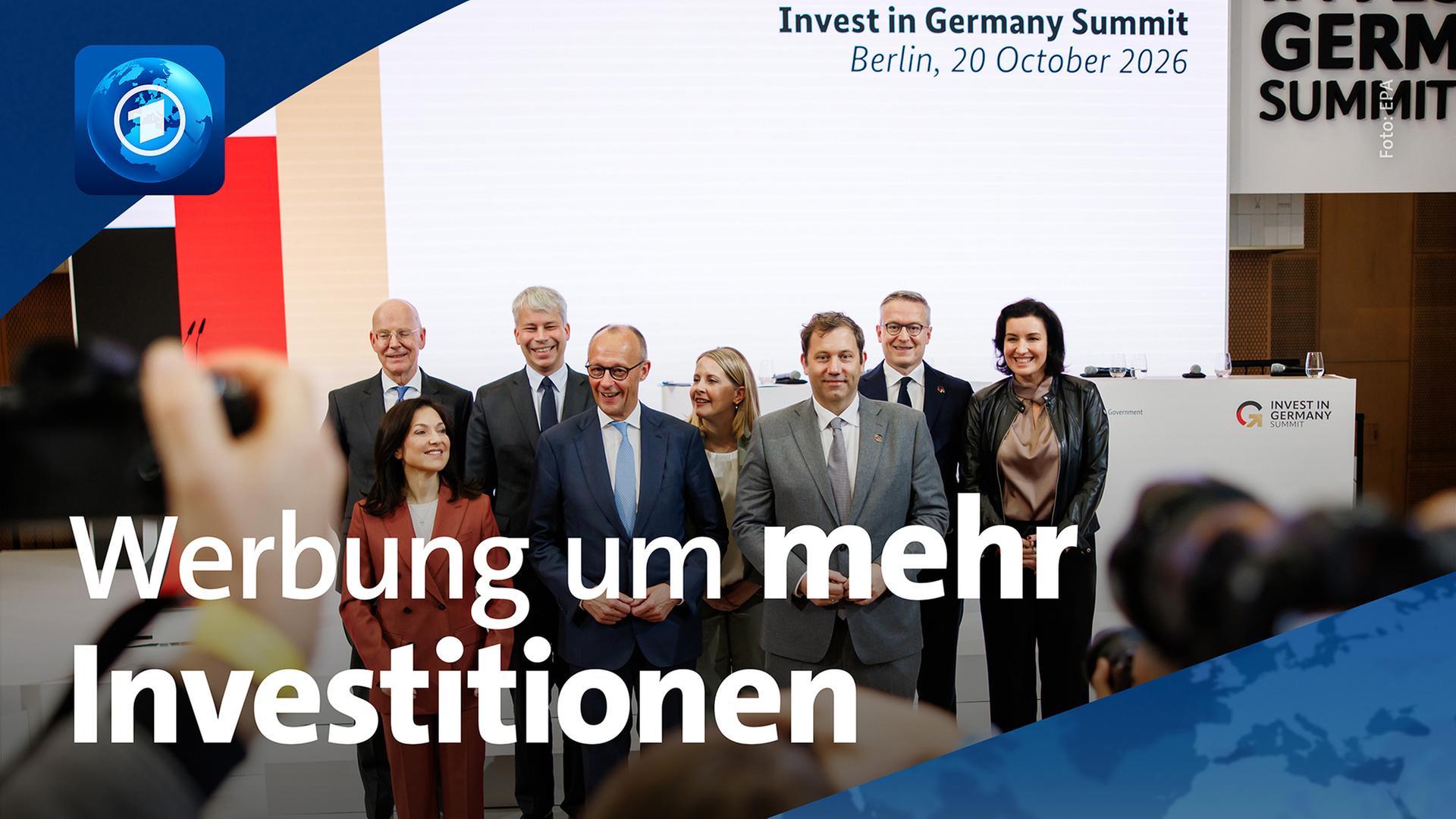Gruppenfoto mit Friedrich Merz (4.v.l.) beim Invest in Germany Gipfel in Berlin | EPA/ARD-aktuell