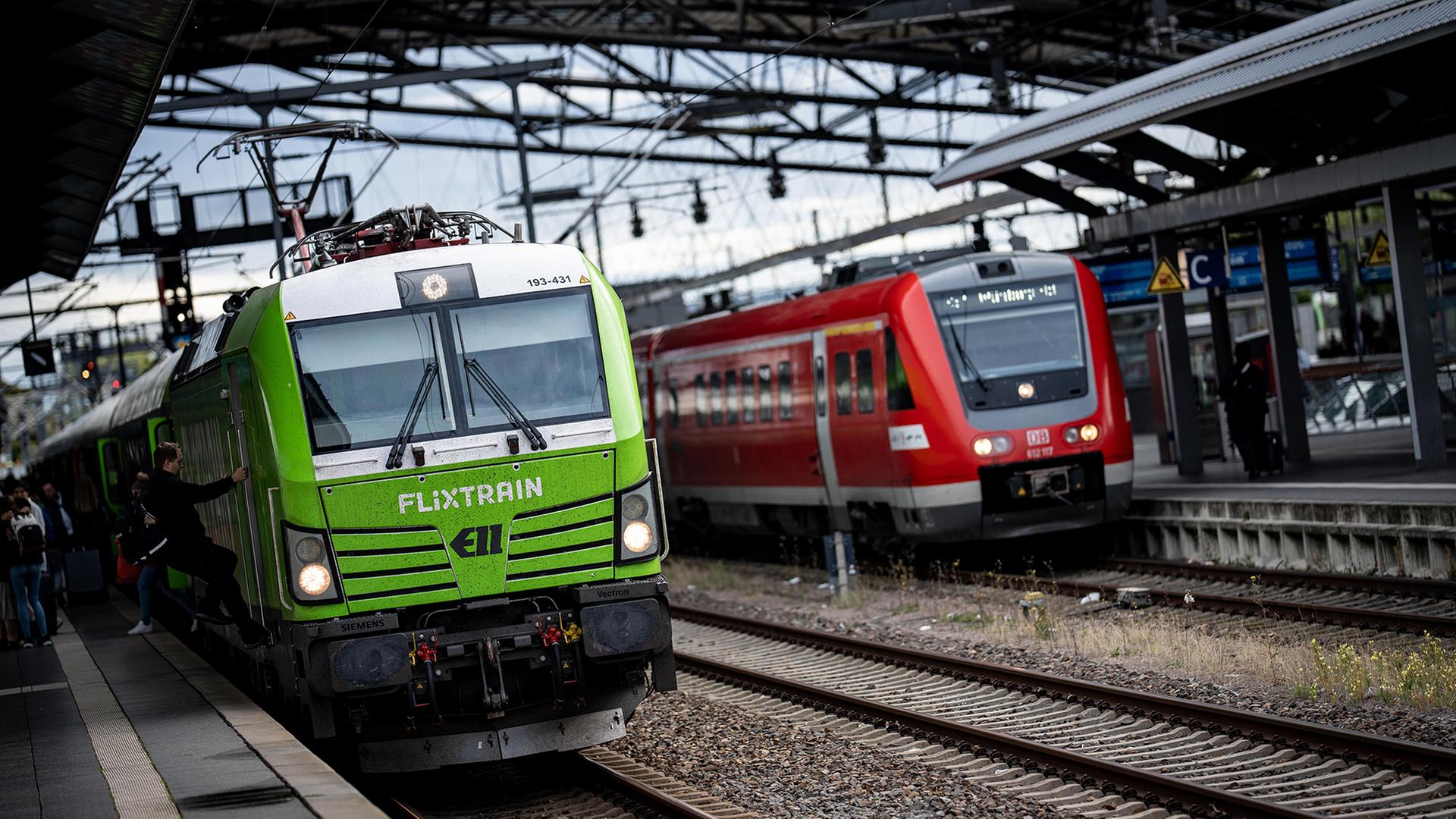 Ein Flixtrain und ein Zug der Deutschen Bahn im Erfurter Hauptbahnhof. | picture alliance / Chris Emil Ja