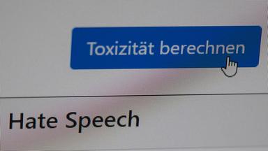 Ein Foto von einem Bildschirm, auf dem "Hate Speech" und "Toxizität berechnen" steht.