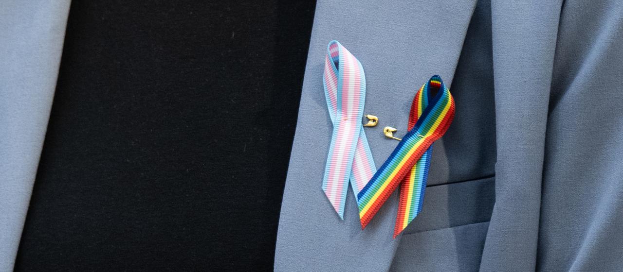 Ein Person trägt Schleifen in den Farben der Transgender und LGBT+ Flagge. | dpa Ein Person trägt Schleifen in den Farben der Transgender und LGBT+ Flagge.
