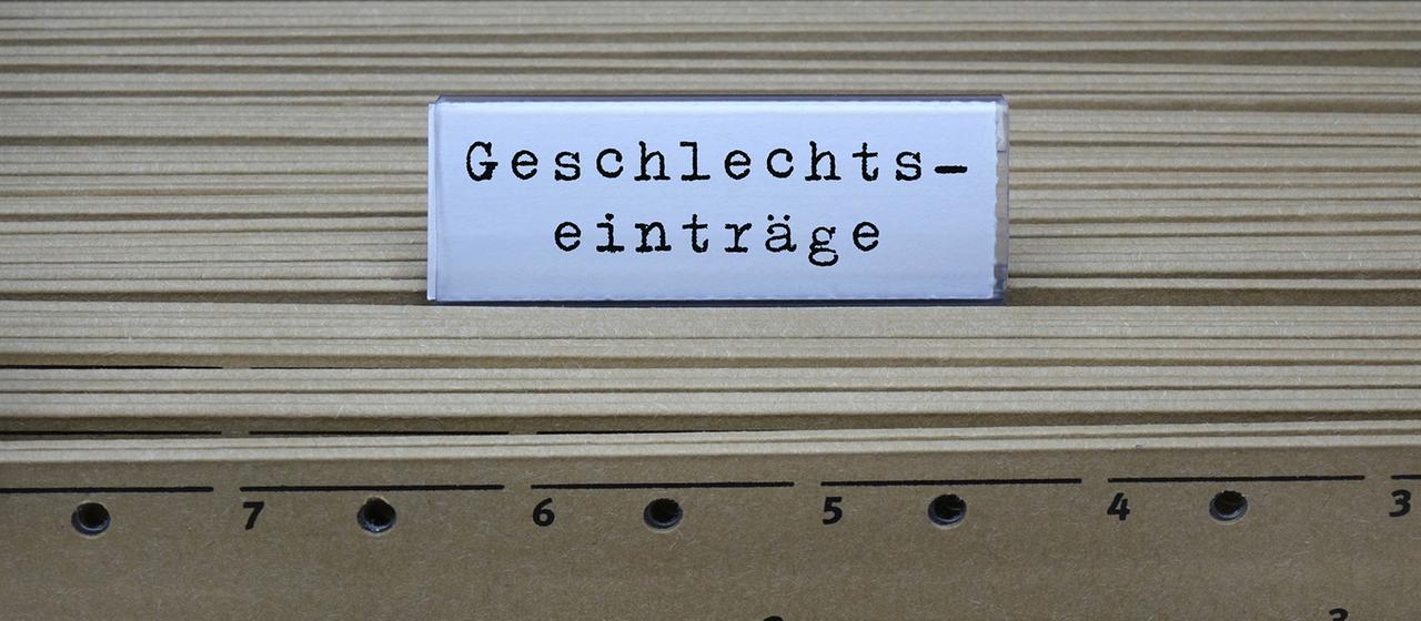 An einem Hängeregister steht der Schriftzug "Geschlechtseinträge".