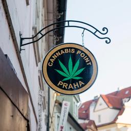 Ein Schild mit einem Hanfblatt in der Prager Altstadt.