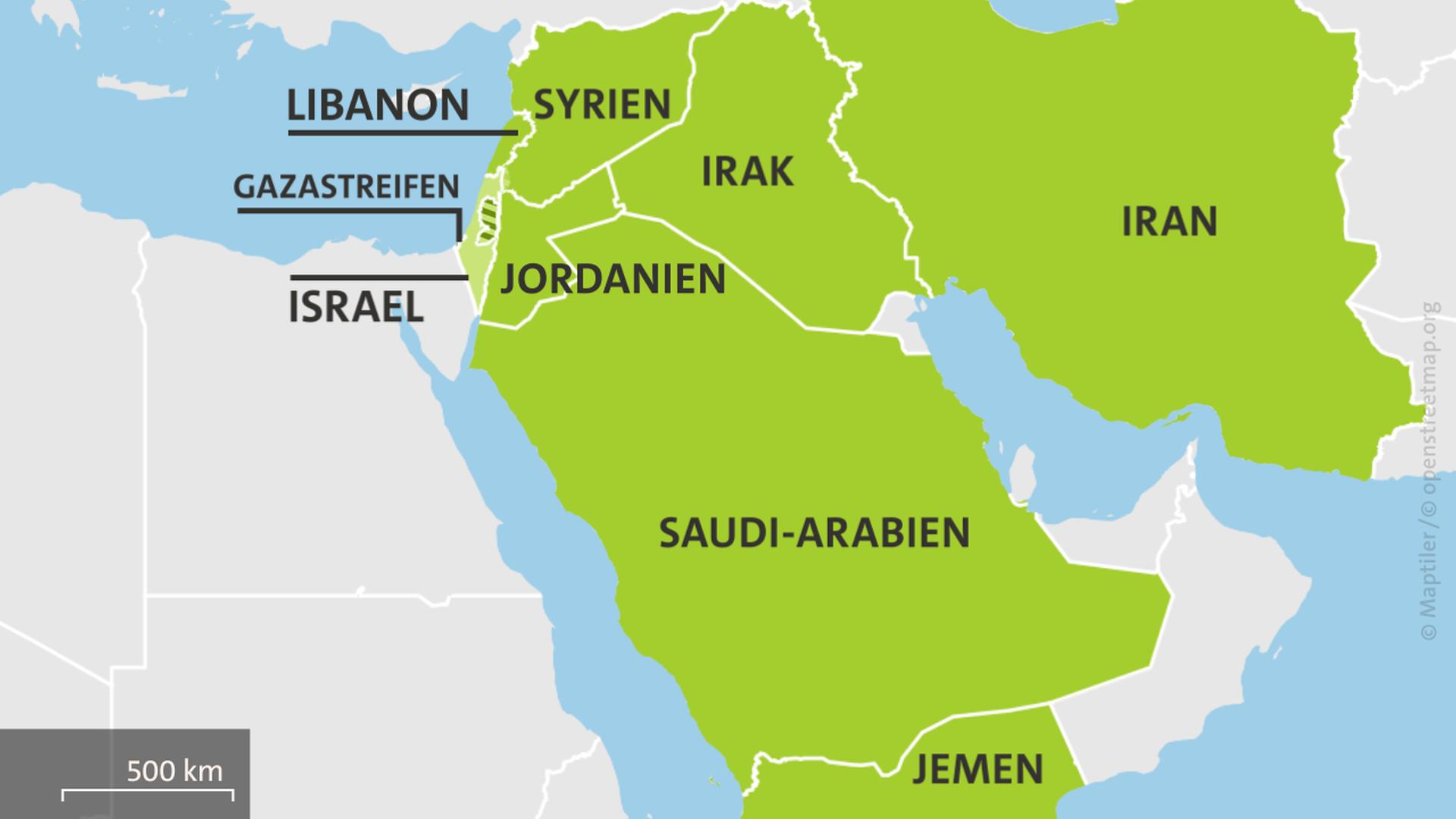 Karte mit Israel, Libanon, Jordanien, Saudi-Arabien, Jemen, Syrien, Irak und Iran | ARD-aktuell