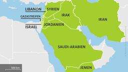 Karte mit Israel, Libanon, Jordanien, Saudi-Arabien, Jemen, Syrien, Irak und Iran