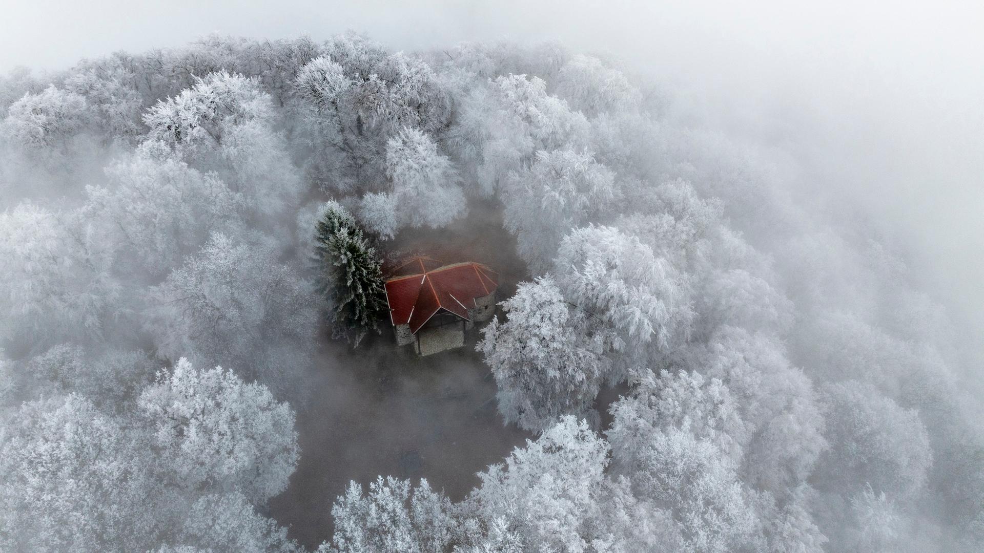 Raureif, der die BÃ¤ume rund um eine Waldkapelle in der NÃ¤he von Karancslapujto im Norden Ungarns bedeckt. | EPA