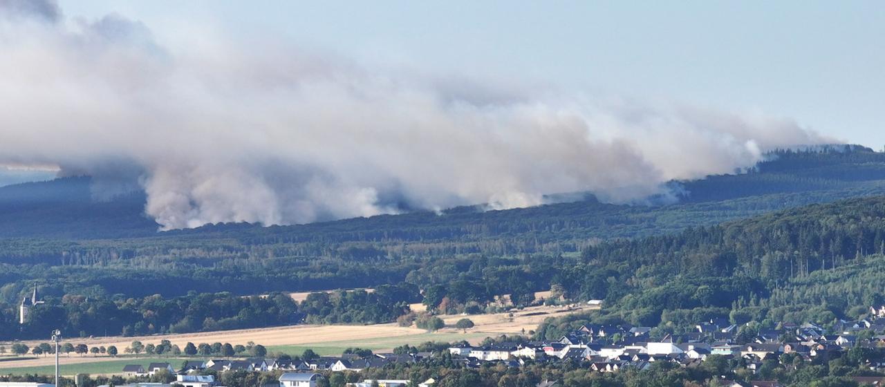 Rauch steigt bei einem Waldbrand im Hürtgenwald auf.