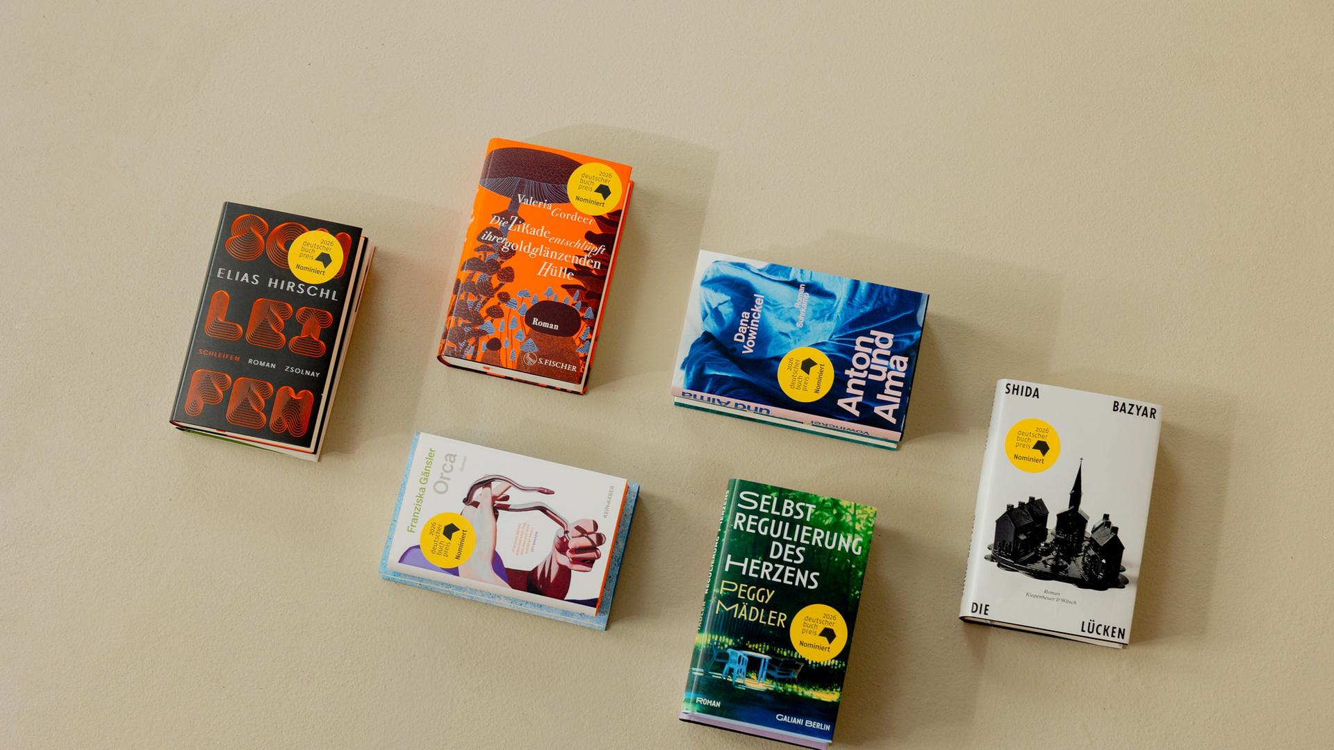 Sechs Bücher liegen mit Abstand auf einer hellen Fläche verteilt. Alle Bücher tragen einen gelben Aufkleber mit der Aufschrift 