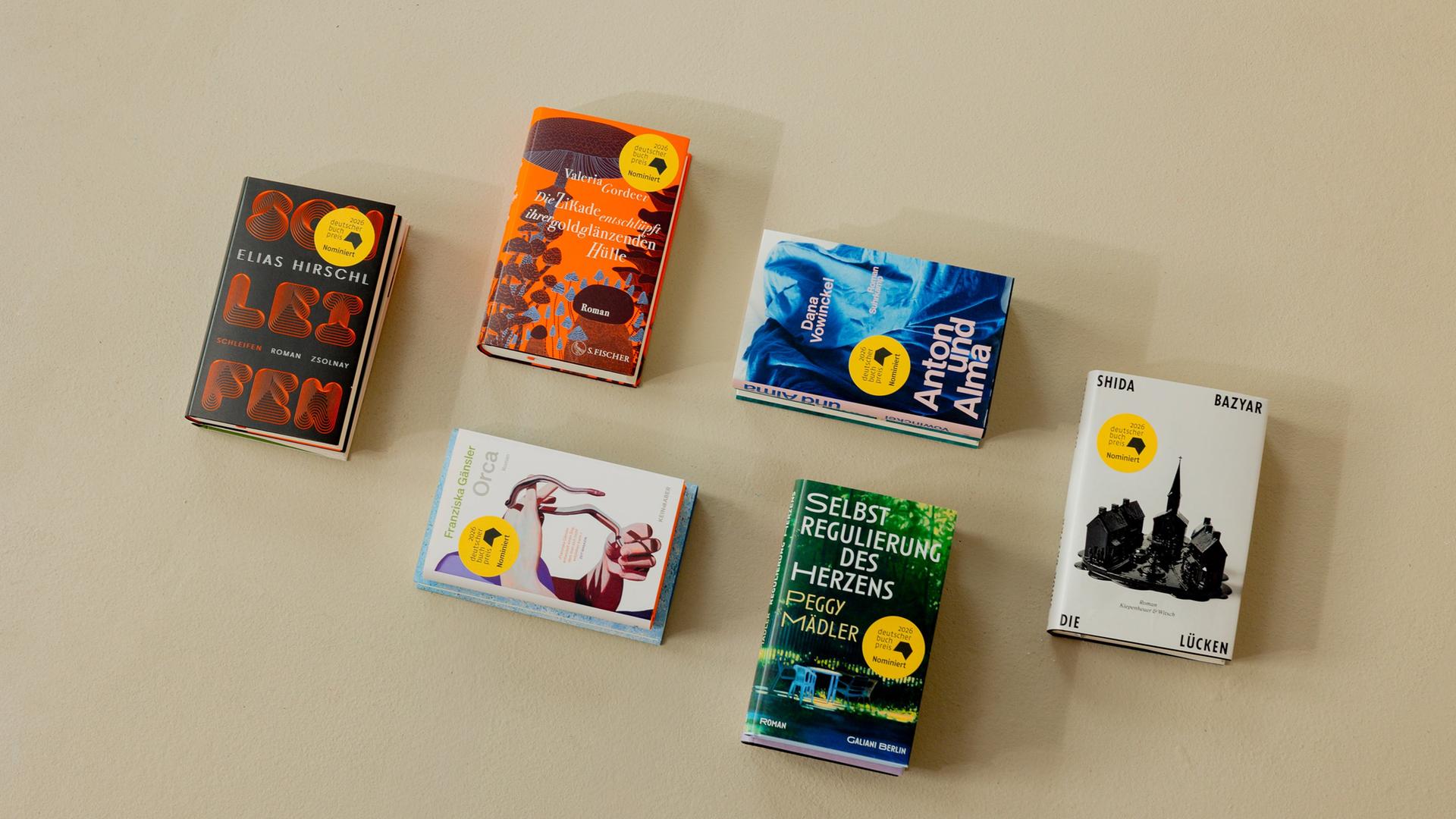 Sechs Bücher liegen mit Abstand auf einer hellen Fläche verteilt. Alle Bücher tragen einen gelben Aufkleber mit der Aufschrift 