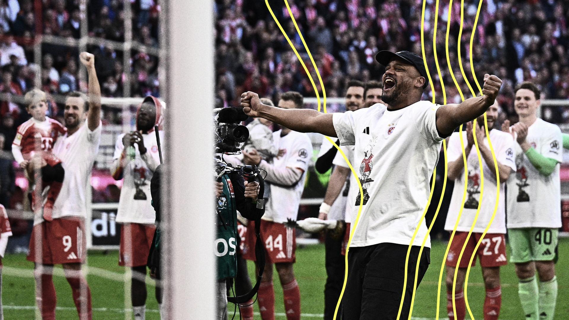 Trainer Vincent Kompany (vorn, Bayern München) und seine Spieler jubeln nach Spielende über den Gewinn der Deutschen Meisterschaft | picture alliance/dpa, Tom Weller