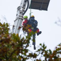 Ein Höhenretter der Feuerwehr lässt sich an einem Seil zu dem verletzten Mann hinab.