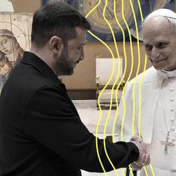 Der ukrainische Präsident Wolodymyr Selenskyj wird von Papst Leo XIV. nach dessen Amtseinführung im Vatikan begrüßt.