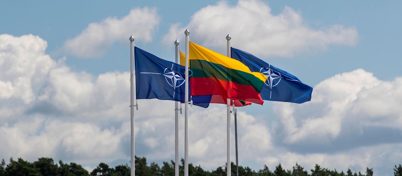 Flaggen der NATO-Mitgliedsländer wehen im Wind. (Archiv)