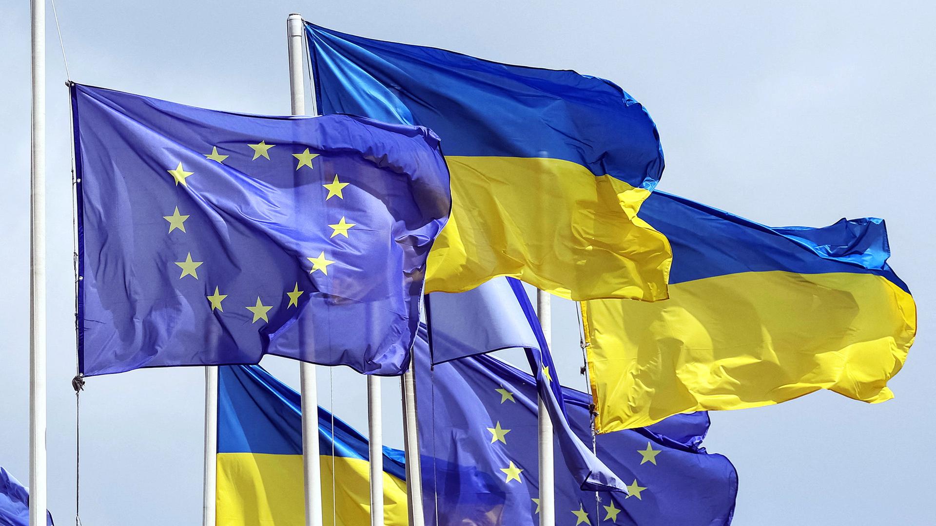 Flaggen der Ukraine und EU wehen nebeneinander im Wind | REUTERS
